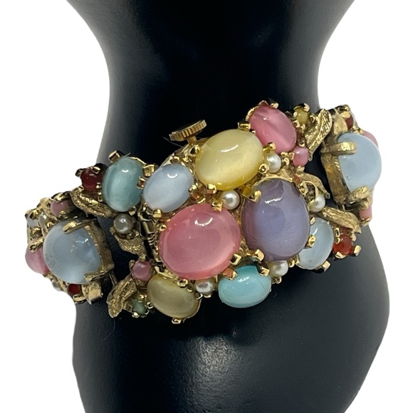 Pastel multi colored cabochon rhinestone gold tone hidden watch bracelet vintage